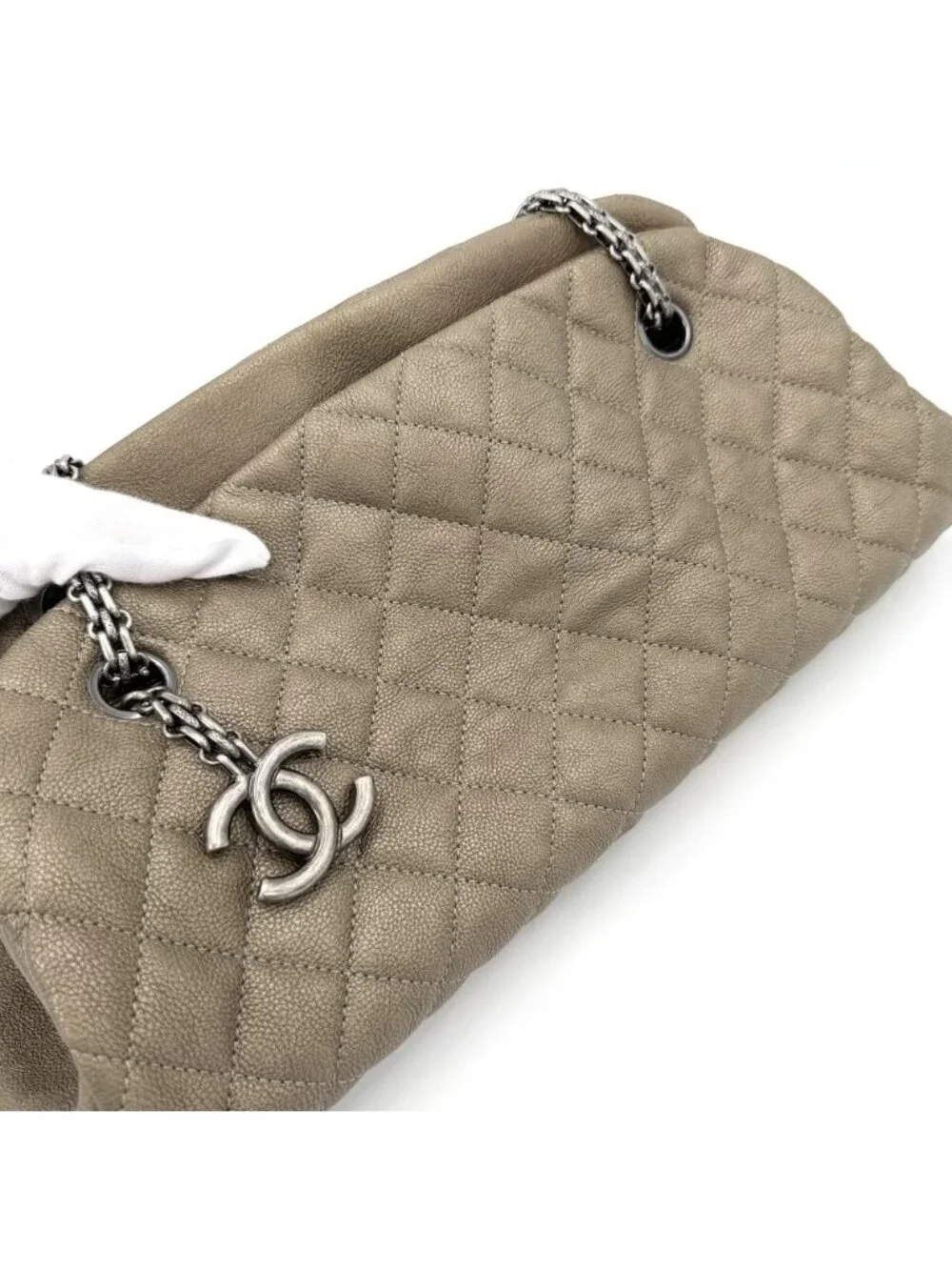 Chanel Quilted Mademoiselle Bowling Bag Metallic Leather Brown Silver